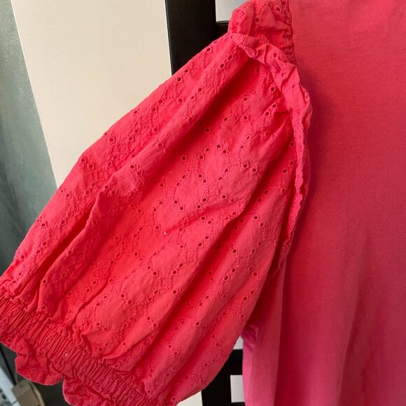 Tommy Hilfiger Women's Puff Sleeve Eyelet Top – Hot Pink (Large) - Picture 4 of 5
